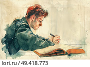 A man sits at a desk, focused on writing in a book. His hand moves across the page, pen poised in concentration. Стоковое AI-изображение, AI-художник Данила Большаков / Фотобанк Лори