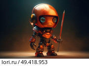 A cartoon character wearing a helmet, holding a sword in a strong, determined pose. Стоковое AI-изображение, AI-художник Данила Большаков / Фотобанк Лори