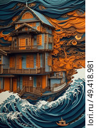 A painting depicting a house standing amidst a colossal wave. The structure appears to be in imminent danger as the powerful wave towers over it. Стоковое AI-изображение, AI-художник Данила Большаков / Фотобанк Лори