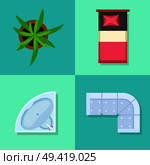 Furniture items, big images of green plant in pot, bed with one pillow, sink with taps and sofa vector illustration isolated on blue background. Furniture Items Big Images Vector Illustration. Стоковая иллюстрация, агентство Ingram Publishing / Фотобанк Лори