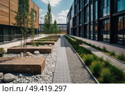 A contemporary building with numerous windows lining a walkway, showcasing architectural design and urban living. Стоковое AI-изображение, AI-художник Данила Большаков / Фотобанк Лори