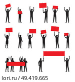 Cartoon adult people silhouettes with red streamers arrange protests isolated vector illustrations on white background.. Protesters Silhouettes with Red Streamers Set. Стоковая иллюстрация, агентство Ingram Publishing / Фотобанк Лори
