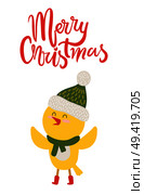 Merry Christmas greeting card with yellow chicken in scarf icon isolated on white. Vector illustration with happy bird in green knitted hat with bubo. Merry Christmas Greeting Card with Yellow Chicken. Стоковая иллюстрация, агентство Ingram Publishing / Фотобанк Лори