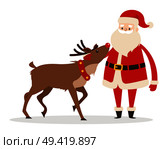 Reindeer and Santa isolated on white. Santa strokes his friend head. Saint Nicolas favourite pet. Brown deer and fairy character in cartoon style. Editable elements in flat design vector illustration. Reindeer and Santa Strokings his Pet Head Isolated. Стоковая иллюстрация, агентство Ingram Publishing / Фотобанк Лори