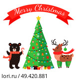 Merry Christmas greetings from cartoon bear with candy stick and reindeer in warm scarf with horns decorated by ball near xmas tree vector illustration. Merry Christmas Greetings Cartoon Bear and Deer. Стоковая иллюстрация, агентство Ingram Publishing / Фотобанк Лори