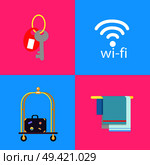Room key with trinket, wifi connection icon, briefcase with stickers on trolley and towels on hangers isolated vector illustrations set.. Hotel Conveniences Themed Isolated Illustrations. Стоковая иллюстрация, агентство Ingram Publishing / Фотобанк Лори