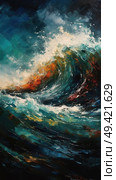 A dynamic painting depicting a large wave crashing violently in the ocean, showcasing the raw energy and force of nature. Стоковое AI-изображение, AI-художник Данила Большаков / Фотобанк Лори