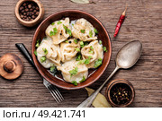 Meat dumplings pelmeni on wooden rustic background.Ukrainian pelmeni. Dumplings with meat. Стоковое фото, агентство Ingram Publishing / Фотобанк Лори