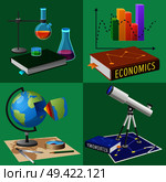 Chemical glass flasks, modern microscope for biological observations, globe model with map and textbooks on mathematics vector illustrations on green. Equipment for Subjects Studies Illustrations Set. Стоковая иллюстрация, агентство Ingram Publishing / Фотобанк Лори