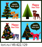 Happy New Year posters with congratulations from cartoon dogs and abstract xmas trees vector illustration greeting cards isolated on white background. Happy New Year Posters Set Christmas Trees Puppies. Стоковая иллюстрация, агентство Ingram Publishing / Фотобанк Лори