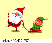 Santa Claus and elf on sledge icon isolated on white background. Vector illustration with Santa having fun with his helper dressed in green costume. Santa Claus and Elf on Sledge Vector Illustration. Стоковая иллюстрация, агентство Ingram Publishing / Фотобанк Лори