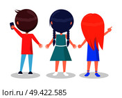 Back view on best friends girls and boy. Poster of active kids vector illustration banner, happy infants isolated on white background. Back View on Best Friends Girls and Boy Isolated. Стоковая иллюстрация, агентство Ingram Publishing / Фотобанк Лори