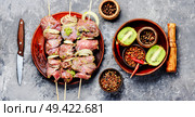 Raw beef kebab in kiwi marinade.Bbq meat on wooden skewers.Long banner. Raw shish kebab. Стоковое фото, агентство Ingram Publishing / Фотобанк Лори