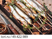Smoked fish with spices.Cold smoked fish.Smoked capelin. Appetizing smoked fish. Стоковое фото, агентство Ingram Publishing / Фотобанк Лори