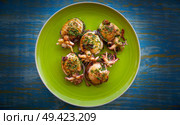 Grilled cuttlefish squid with parsley sauce and garlic lemon on green plate. Стоковое фото, агентство Ingram Publishing / Фотобанк Лори