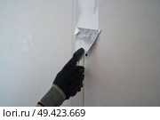 laminated plasterboard plastering join detail spatula and hand. Стоковое фото, агентство Ingram Publishing / Фотобанк Лори
