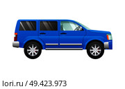 Blue sport utility car in cartoon style illustration. Isolated four-wheeled vehicle in flat design. Fast mean of transportation. Four doors. Some shaded windows. Side view. Speed jeep. Vector. Blue Sport Utility Car in Simple Cartoon Style. Стоковая иллюстрация, агентство Ingram Publishing / Фотобанк Лори