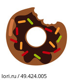 Bitten donut logo isolated on white. Doughnut sticker in flat design. Chocolate doughnut with caramel, jam isolated. Cookies, cake bakery, dessert menu, snack pastry, tasty. Glaze donut shop icon. Vector. Bitten Donut Logo Isolated Vector Doughnut Sticker. Стоковая иллюстрация, агентство Ingram Publishing / Фотобанк Лори