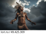 A woman adorned with feathers and tribal jewelry performs a traditional dance against a backdrop of dark, dramatic clouds. Стоковое AI-изображение, AI-художник Данила Большаков / Фотобанк Лори