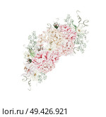 Watercolor wreath with roses flowers, buds and hydrangea. Illustration. Watercolor wreath with roses flowers, buds and hydrangea. Стоковое фото, агентство Ingram Publishing / Фотобанк Лори