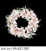 Watercolor wreath with roses flowers and chamomile,leaves. Illustration. Watercolor wreath with roses flowers and chamomile,leaves. . Стоковое фото, агентство Ingram Publishing / Фотобанк Лори