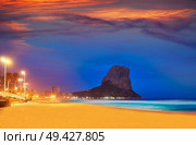 Arenal Bol beach in Calpe sunset also Calp in Alicante of spain at Costa Blanca Arenal-Bol. Стоковое фото, агентство Ingram Publishing / Фотобанк Лори