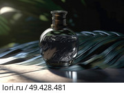 A glass bottle sits atop a wooden table, creating a simple yet rustic composition. Стоковое AI-изображение, AI-художник Данила Большаков / Фотобанк Лори