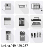 Black and white charging devices in square cells isolated on white background. Electric appliances to recharge energy for longer usage vector illustration. Power containers to restore devices.. Black and White Charging Devices Illustrations Set. Стоковая иллюстрация, агентство Ingram Publishing / Фотобанк Лори