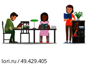 People reading textbooks in library. Man and woman seating at the table and standing with open book in hand isolated flat vector. Enthusiastic readers illustration for educational and hobby concept. Стоковая иллюстрация, агентство Ingram Publishing / Фотобанк Лори