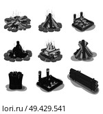 Set Firewood. Big set of four lighted, two smoldering, one unlighted bonfires, stump and stack of wood with shadows on white background. Black and white collection isolated vector illustrations.. Set Firewood Black and White Bonfire Illustrations. Стоковая иллюстрация, агентство Ingram Publishing / Фотобанк Лори