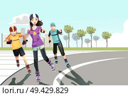 A vector illustration of a group of teenagers rollerblading in a park. Стоковая иллюстрация, агентство Ingram Publishing / Фотобанк Лори