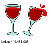 Elegant glass with vine. Wineglass filled with red wine standing still and tilted with splashes out flat vector icons isolated on white background. Sweet and aromatic alcoholic drink illustration. Two Glasses with Wine Flat Vector Icons. Стоковая иллюстрация, агентство Ingram Publishing / Фотобанк Лори