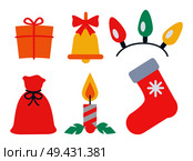 Christmas icon collection, present and bell with red bow, garlands and bag, candle with mistletoe, sock and snowflake isolated on vector illustration. Christmas Icon Collection Vector Illustration. Стоковая иллюстрация, агентство Ingram Publishing / Фотобанк Лори