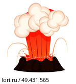 Strong jet of effluent hot lava, white clouds over top isolated. Erupting rock pinnacle volcano disaster with burning fire, last stage. Vector illustration of geological formations in cartoon style.. Strong Jet of Effluent Hot Lava, White Clouds. Стоковая иллюстрация, агентство Ingram Publishing / Фотобанк Лори