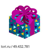 Present with posh bow and pattern of triangles, on wrapping, gift as guarantee of good mood, vector illustration isolated on white background. Present with Posh Bow Pattern Vector Illustration. Стоковая иллюстрация, агентство Ingram Publishing / Фотобанк Лори