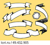 Banners and sketches of hand drawn elements, ribbons created for filling with text and phrases, vector illustration isolated on yellow background. Banners Sketches Hand Drawn Vector Illustration. Стоковая иллюстрация, агентство Ingram Publishing / Фотобанк Лори