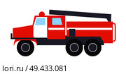 Fire engine with ladder, big round wheels, two windows, siren, white doors, big compartment in the rear isolated vector illustration on white. Fire engine with Ladder Isolated Illustration. Стоковая иллюстрация, агентство Ingram Publishing / Фотобанк Лори