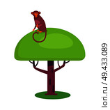 Funny monkey with long curled tail sits on big tree with thick foliage that stands on piece of grass isolated vector illustration on white background.. Funny Monkey with Long Tail Sits on Big Leafy Tree. Стоковая иллюстрация, агентство Ingram Publishing / Фотобанк Лори