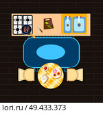Kitchen interior decor with images of chairs and table with plates, stove and counters, sinks and cutting board on wooden floor vector illustration. Kitchen Interior Decor on Vector Illustration. Стоковая иллюстрация, агентство Ingram Publishing / Фотобанк Лори