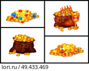 Gold coins, expensive stones and shiny precious treasures in old bags and messy heaps isolated cartoon flat vector illustrations on white background.. Gold Coins and Precious Treasures in Old Bags. Стоковая иллюстрация, агентство Ingram Publishing / Фотобанк Лори