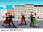 A vector illustration of people dancing tango in front of a European style buildings. Стоковая иллюстрация, агентство Ingram Publishing / Фотобанк Лори