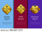 Quality award 100 premium brand guarantee certificates of best products with golden emblems and text isolated on color abstract backgrounds posters. Quality Award Premium Brand Guarantee Certificates. Стоковая иллюстрация, агентство Ingram Publishing / Фотобанк Лори