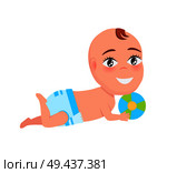 Smiling baby infant in diaper playing with color ball laying on floor, cartoon design vector illustration with little child isolated on white background. Smiling Baby Infant in Diaper Playing Color Ball. Стоковая иллюстрация, агентство Ingram Publishing / Фотобанк Лори