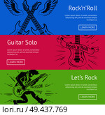 Let s rock n roll guitar solo set of posters with text. Vector illustration of electric guitars, pair of wings and rocker playing musical instrument. Let s Rock n Roll Guitar Solo Set of Posters. Стоковая иллюстрация, агентство Ingram Publishing / Фотобанк Лори