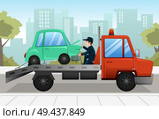 A vector illustration of tow truck towing a broken down car. Стоковая иллюстрация, агентство Ingram Publishing / Фотобанк Лори