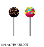 Sweet strawberry round lollipop with colorful sprinkles and chocolate on top. Delicious confectionery product on stick isolated cartoon flat vector illustration.. Sweet Strawberry Lollipop with Colorful Sprinkles. Стоковая иллюстрация, агентство Ingram Publishing / Фотобанк Лори