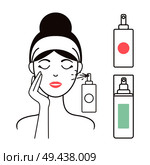 Woman in headband applies healthy micellar water with spray bottle on her face isolated cartoon flat vector illustrations set on white background.. Woman Applies Micellar Water with Spray Bottle. Стоковая иллюстрация, агентство Ingram Publishing / Фотобанк Лори