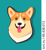 Dog emoticon, excited puppy sticking out its long tongue, black nose and eyes, cute long ears, symbolic pet vector illustration isolated on blue. Dog Emoticon Excited Puppy Vector Illustration. Стоковая иллюстрация, агентство Ingram Publishing / Фотобанк Лори