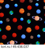 Celestial bodies collection, poster with seamless pattern and planets, Jupiter and Uranus, Earth and Pluto, vector illustration isolated on black. Celestial Bodies Collection Vector Illustration. Стоковая иллюстрация, агентство Ingram Publishing / Фотобанк Лори