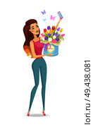 Woman and bouquet in box with ribbon and bow, poster with tulips and roses with gerbera, selfie and good emotions, isolated on vector illustration. Woman and Bouquet Poster, Vector Illustration. Стоковая иллюстрация, агентство Ingram Publishing / Фотобанк Лори